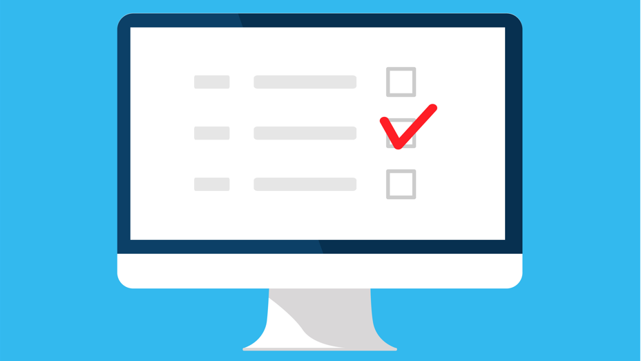 Illustration of a display screen with check boxes and one checkmark in front of a blue background.