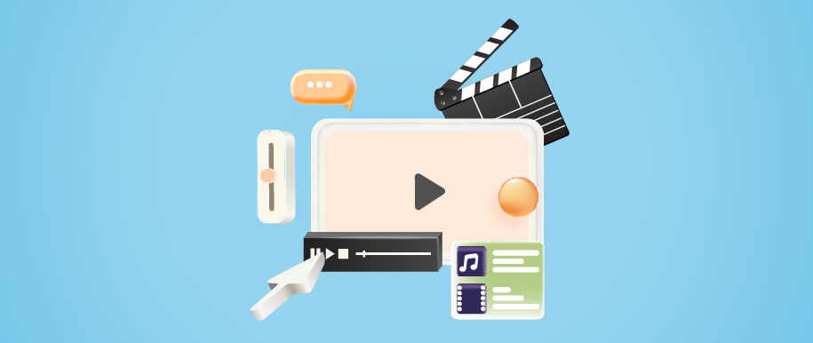 Illustration of media sources such as videos, music, a movie marker board, a comment bubble and screen mouse arrow on a light blue background.