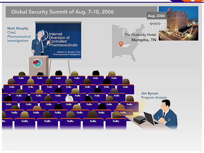 depiction of global security summit, FedEx people in chairs listening to Matt Murphy present