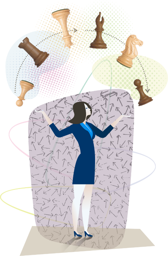 Vector illustration of light-skinned woman with dark hair who is wearing a blue skirt suit and pumps. She is juggling chess pieces in front of an abstract, multicolor background.