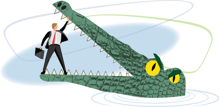 illustration of a alligator with a man in a suit holding the alligator's mouth open.
