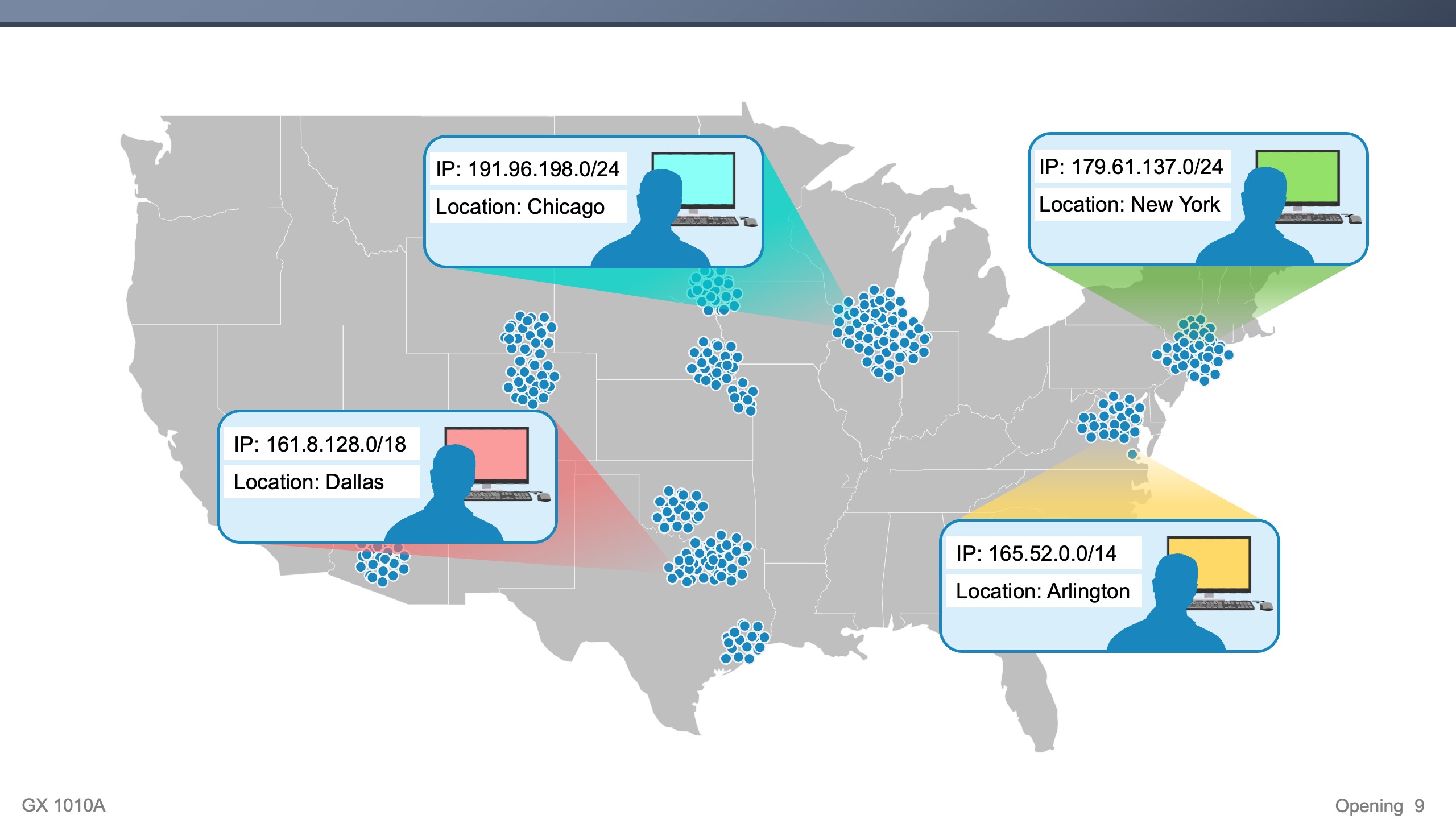 Illustration showing focus on IP addresses from different locations in the U.S. such as Chicago, Dallas, Arlington and New York.